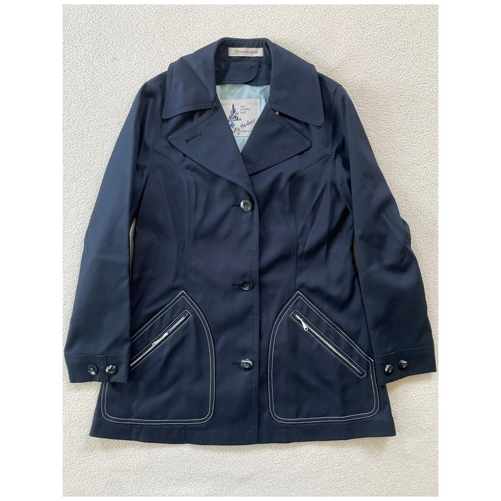 USA‎ Vintage Misty Harbor Womens 6 Reg Rain Coat Navy Blue Contrast Stitching